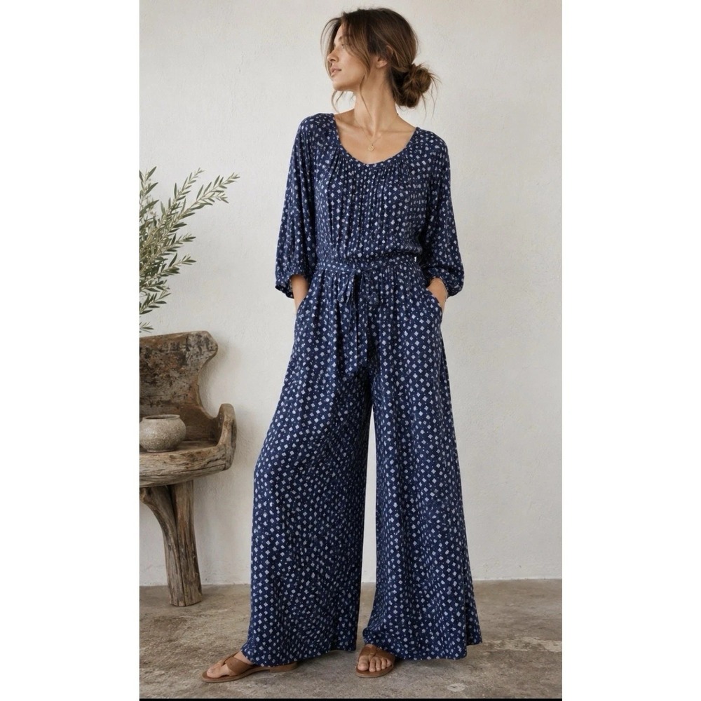 Garnet Hill Navy Blue print Wide Leg Jump Suit Tencel pockets Comfy Classy sz SM